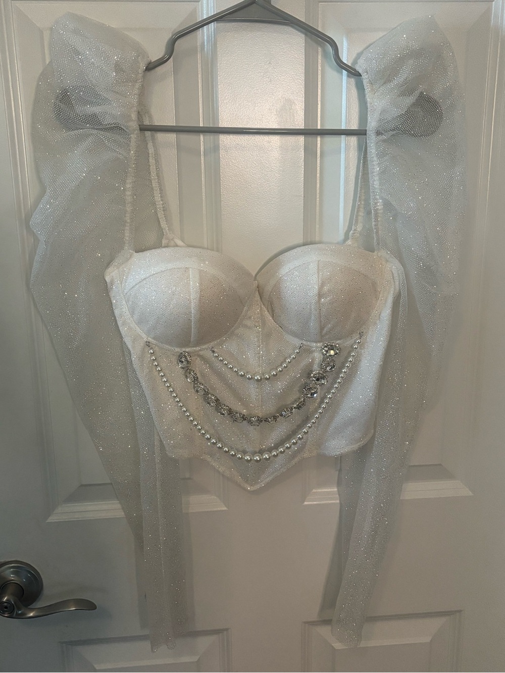 NWT BLITHEA White Glitter Corset Pearl Rhinestone Puff Sleeve Top M